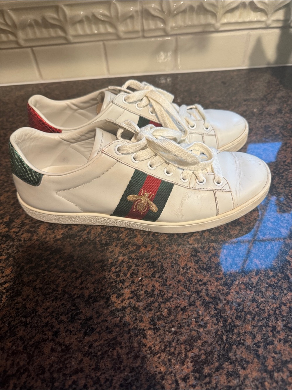 Gucci White Leather Sneakers with Green & Red Stripe and Gold Bee